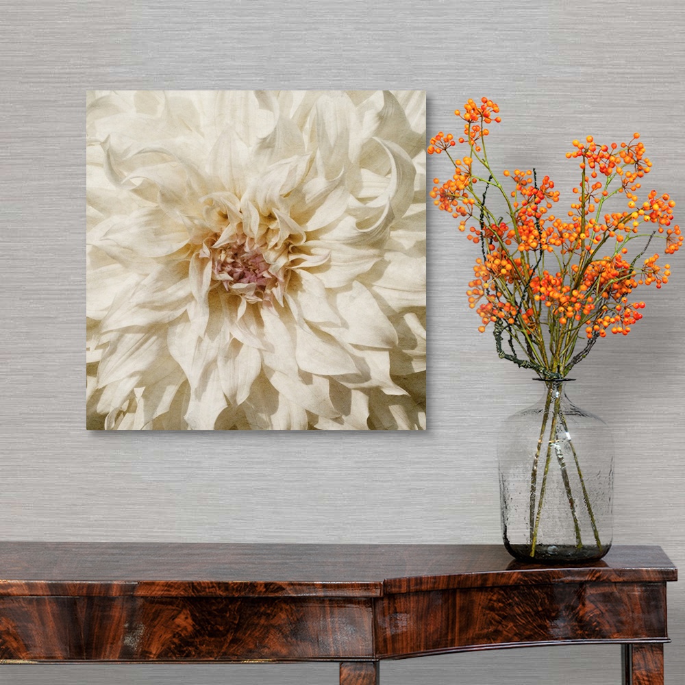 A traditional room featuring Flowers in shades of white and yellow fill this decorative art edge to edge.