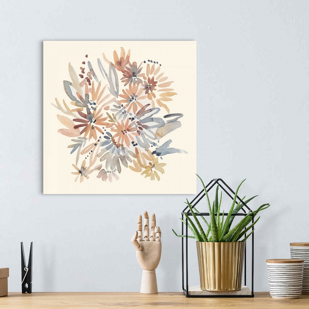 A bohemian room featuring Square watercolor painting of a bouquet of muted flowers of brown, gold and gray on a beige backg...