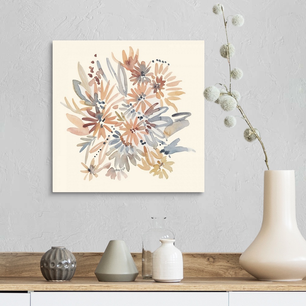 A farmhouse room featuring Square watercolor painting of a bouquet of muted flowers of brown, gold and gray on a beige backg...