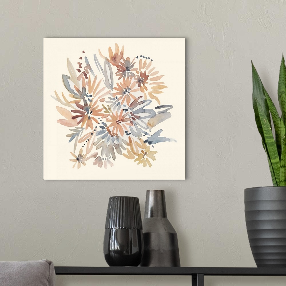 A modern room featuring Square watercolor painting of a bouquet of muted flowers of brown, gold and gray on a beige backg...