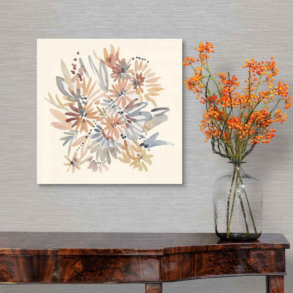 A traditional room featuring Square watercolor painting of a bouquet of muted flowers of brown, gold and gray on a beige backg...