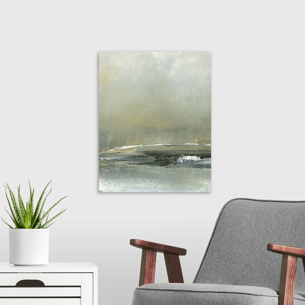A modern room featuring Vertical modern seascape painting in muted colors with a rough texture.