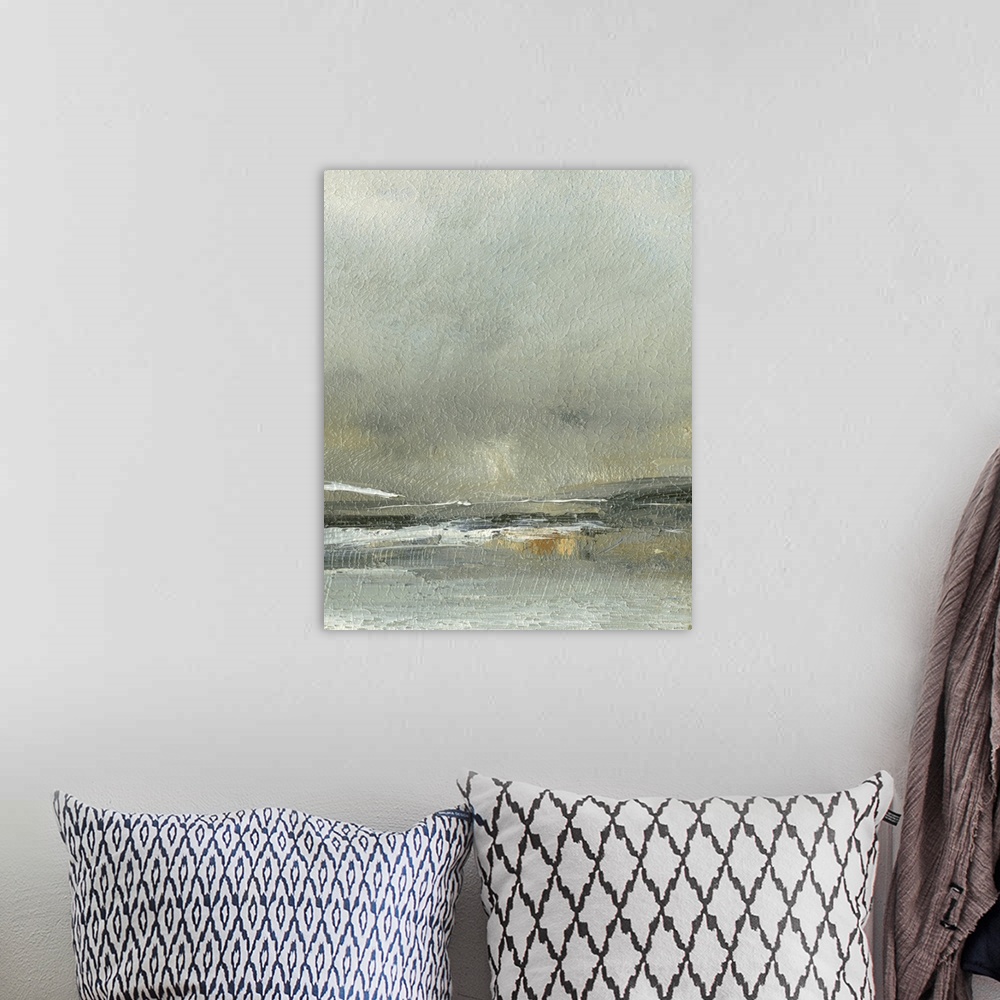 A bohemian room featuring Vertical modern seascape painting in muted colors with a rough texture.