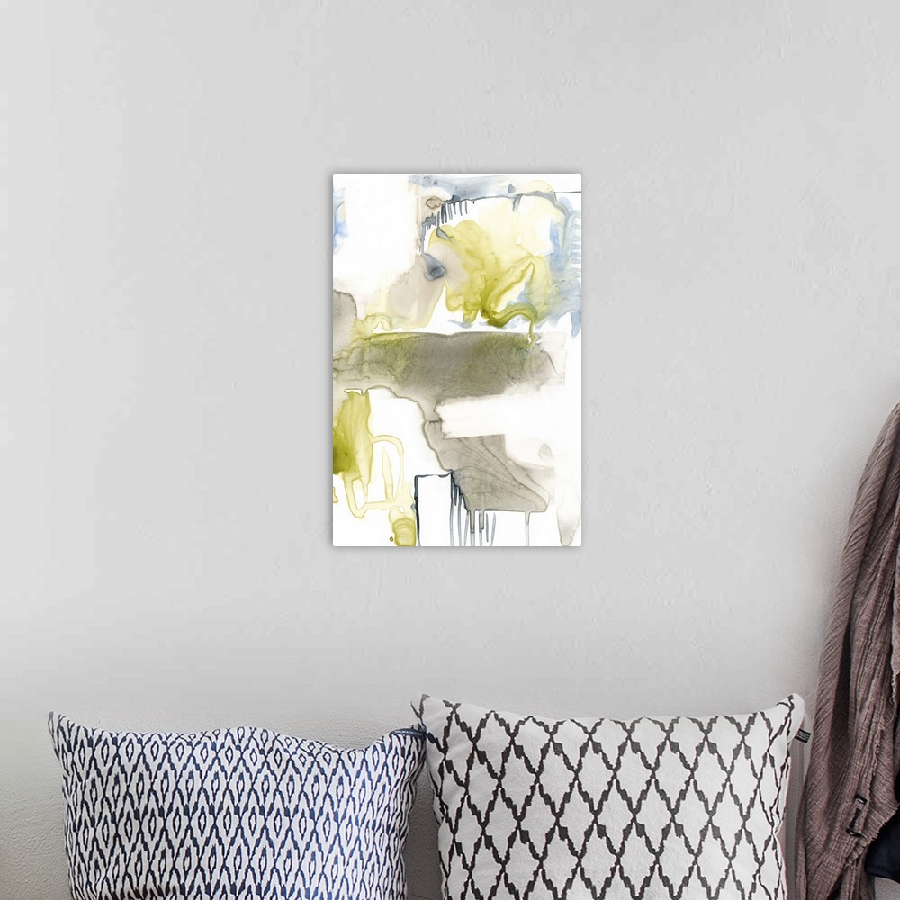 A bohemian room featuring Contemporary artwork of winding watercolor drips in cool colors over a white background.