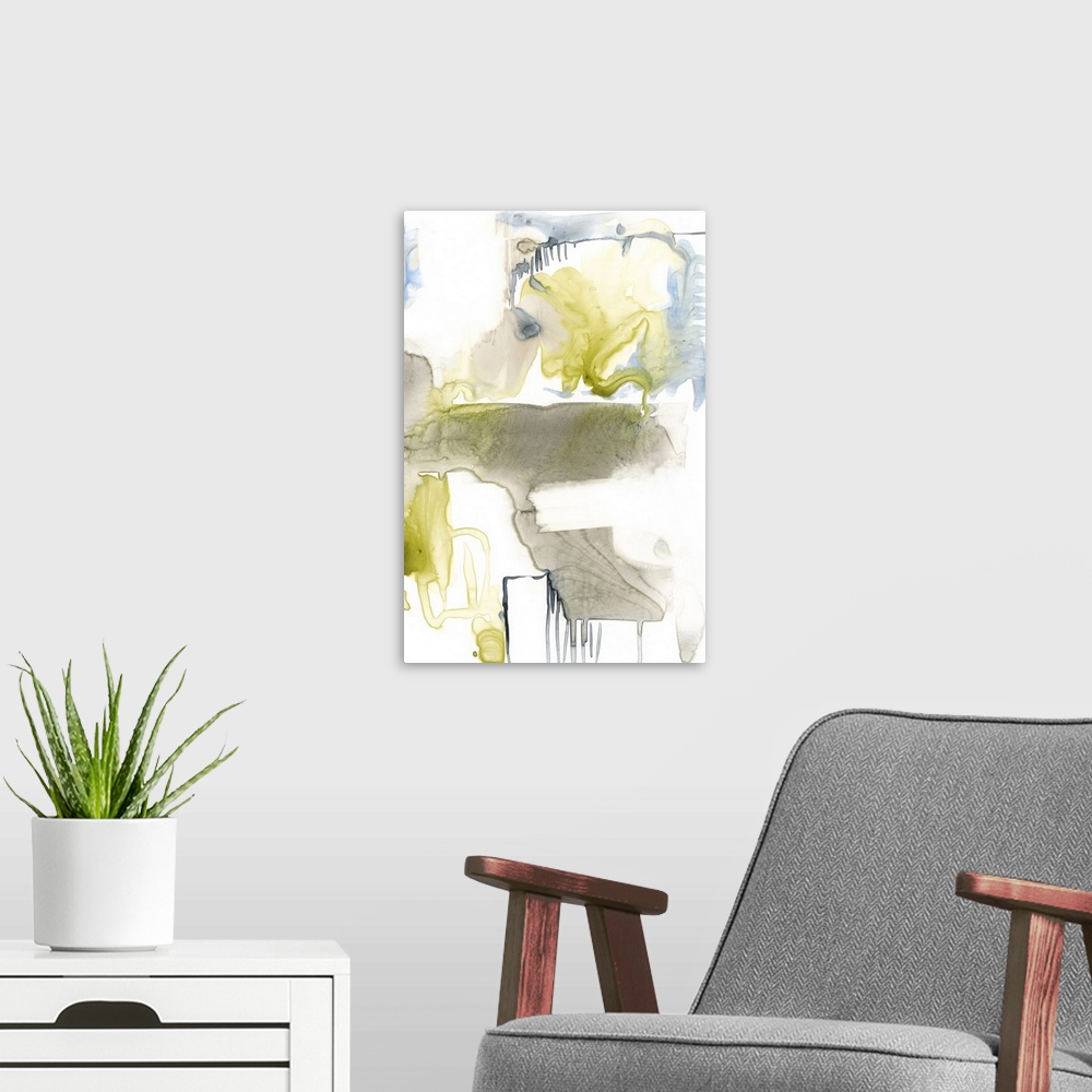 A modern room featuring Contemporary artwork of winding watercolor drips in cool colors over a white background.