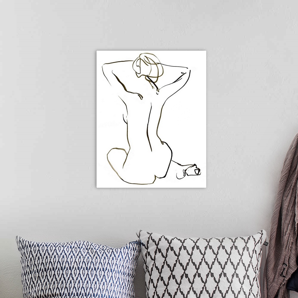 A bohemian room featuring Abstracted nude seated figure on a white background.