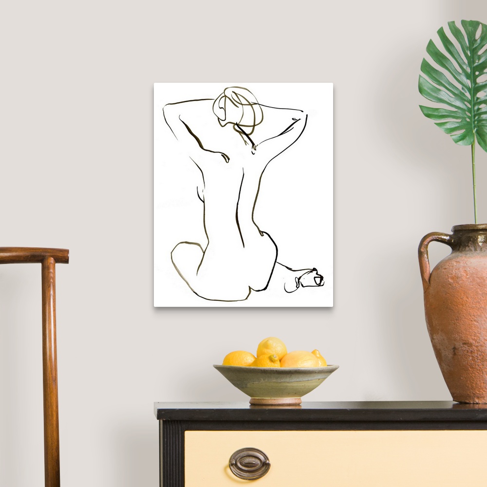 A traditional room featuring Abstracted nude seated figure on a white background.