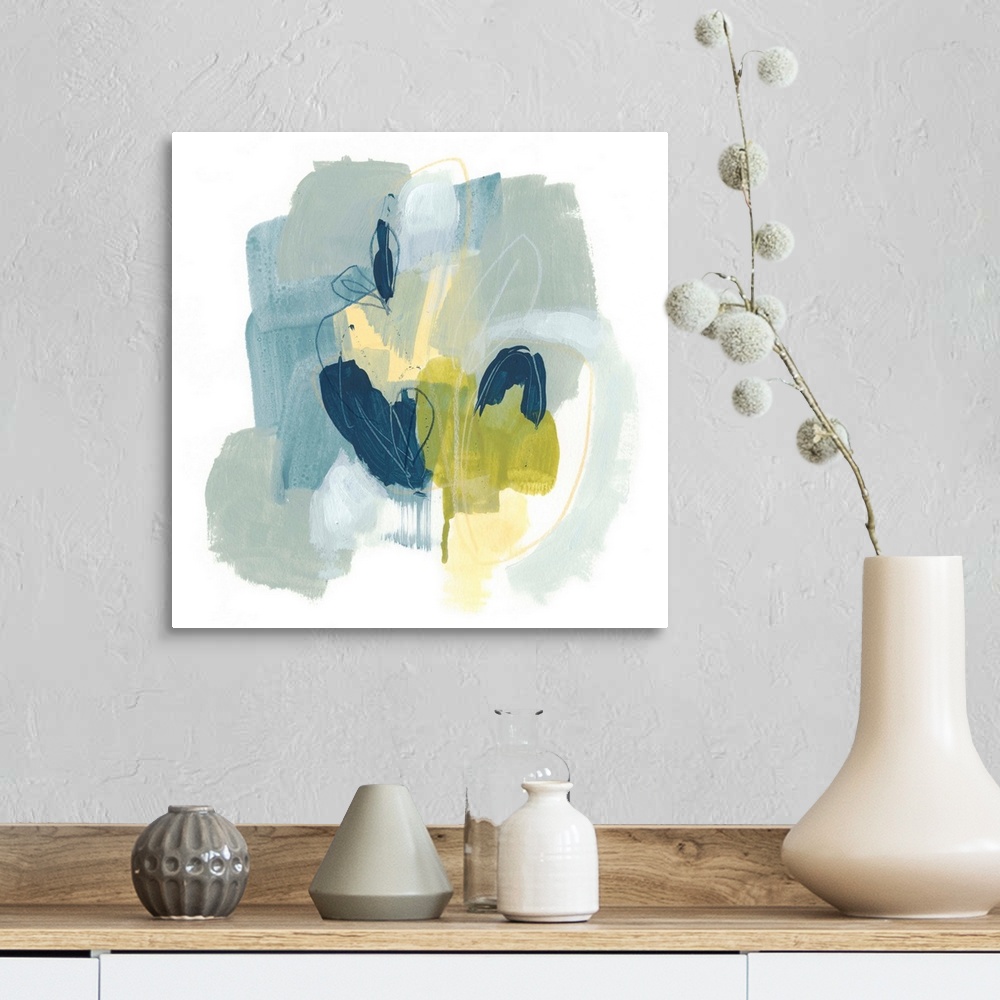A farmhouse room featuring Contemporary abstract painting in blue, green, and yellow.