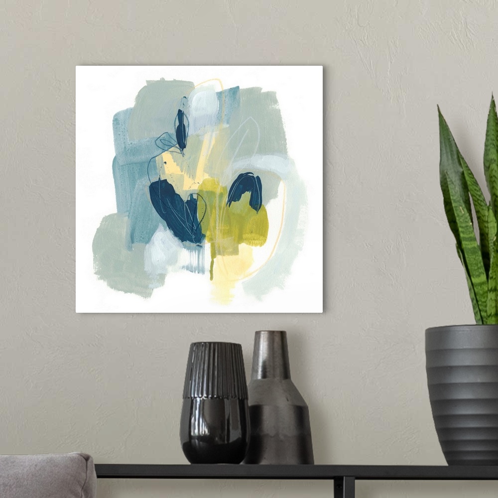 A modern room featuring Contemporary abstract painting in blue, green, and yellow.