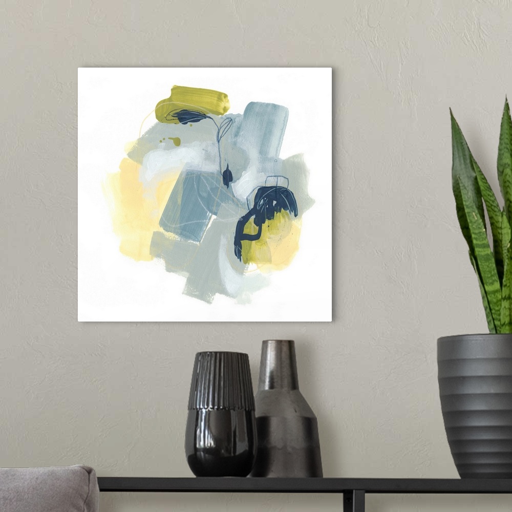 A modern room featuring Contemporary abstract painting in blue, green, and yellow.
