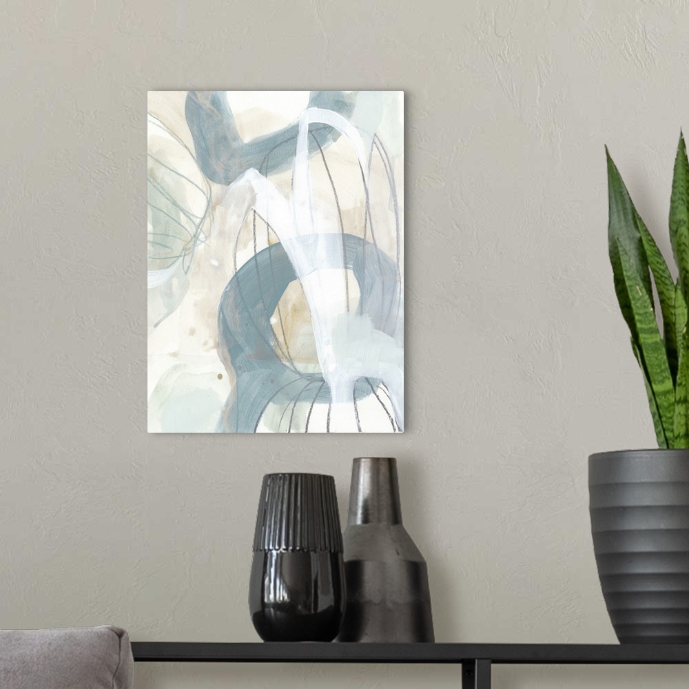 A modern room featuring Contemporary abstract painting of interlocking circular shapes in pastel hues.
