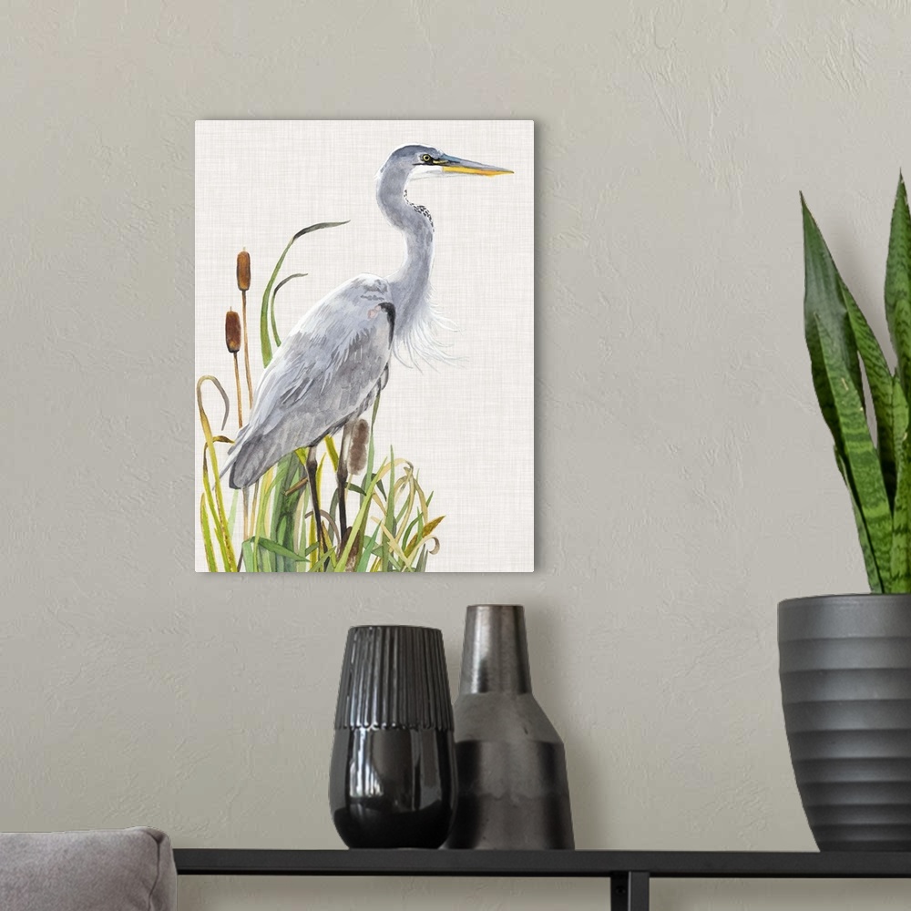 A modern room featuring Painting of a heron standing in tall reeds.