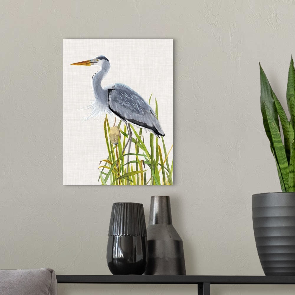 A modern room featuring Painting of a heron standing in tall reeds.