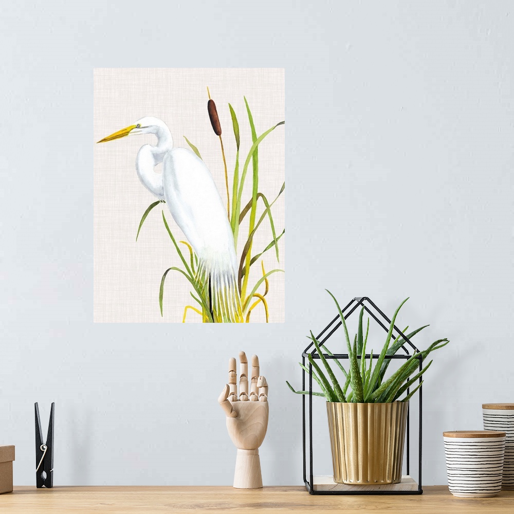 A bohemian room featuring Painting of a white egret standing in tall reeds.