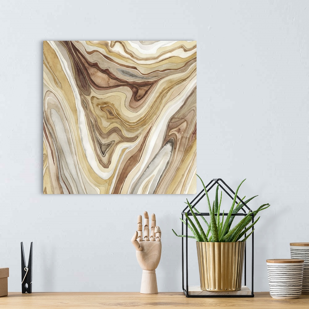 A bohemian room featuring Watercolor painting of intricate lines that make agate rock texture.