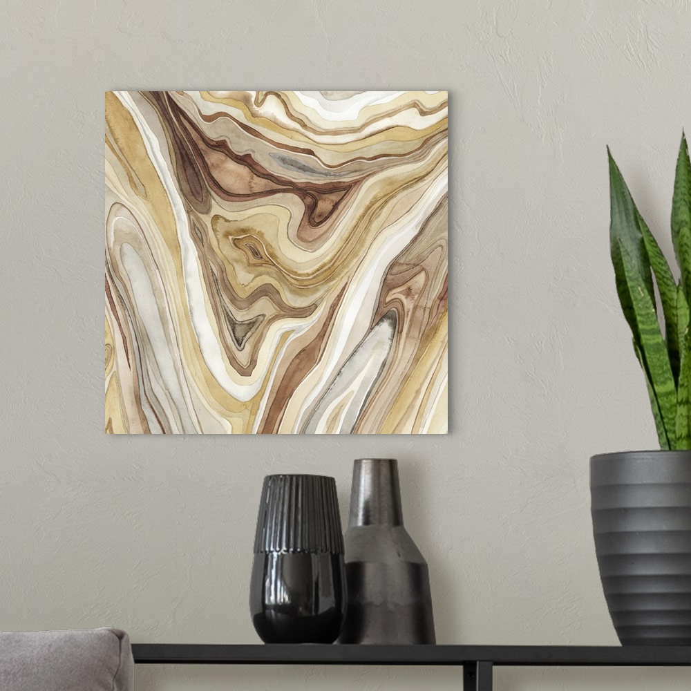A modern room featuring Watercolor painting of intricate lines that make agate rock texture.