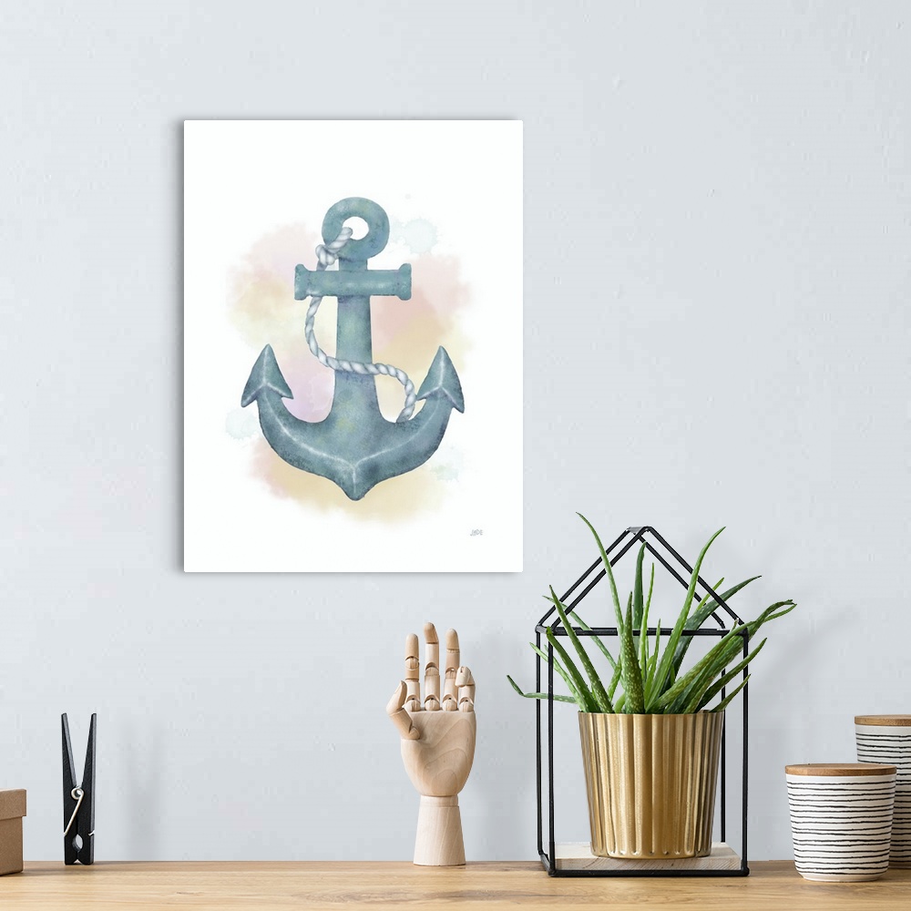 A bohemian room featuring Nautical watercolor painting of an anchor in blue tones.