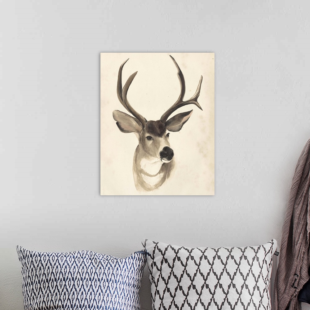 A bohemian room featuring Watercolor painting of a deer with large antlers.