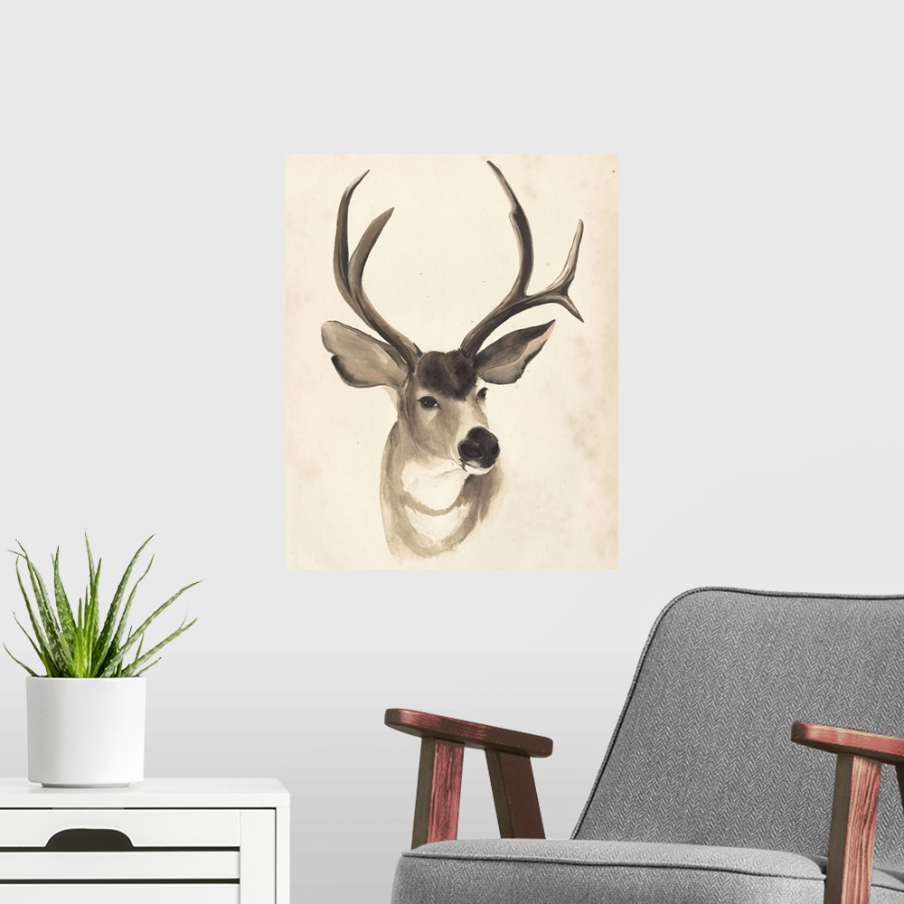 A modern room featuring Watercolor painting of a deer with large antlers.