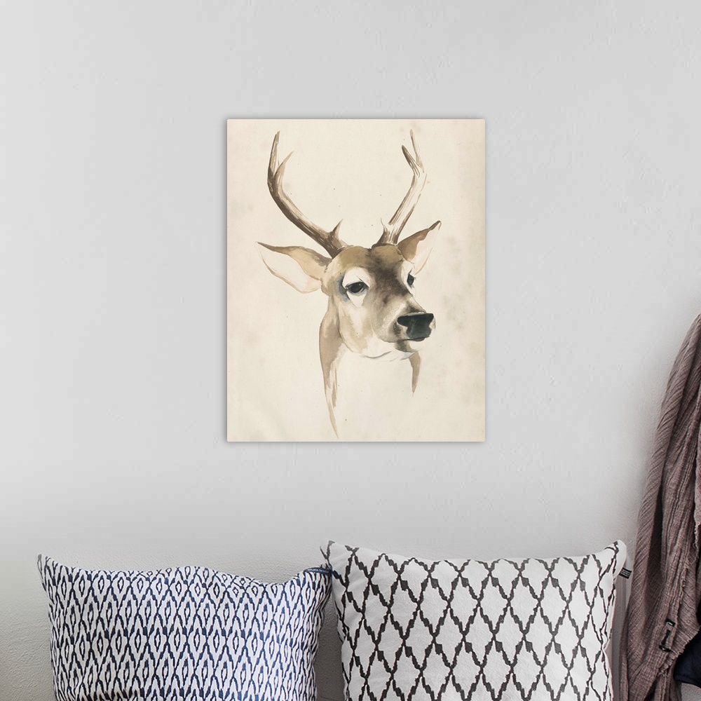 A bohemian room featuring Watercolor painting of a deer with large antlers.