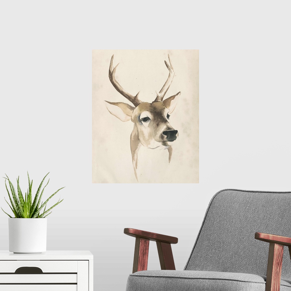 A modern room featuring Watercolor painting of a deer with large antlers.