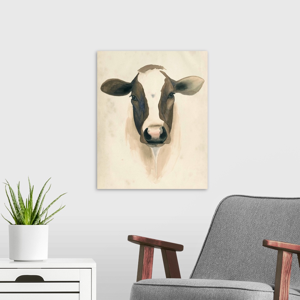 A modern room featuring Watercolor painting of a dairy cow.