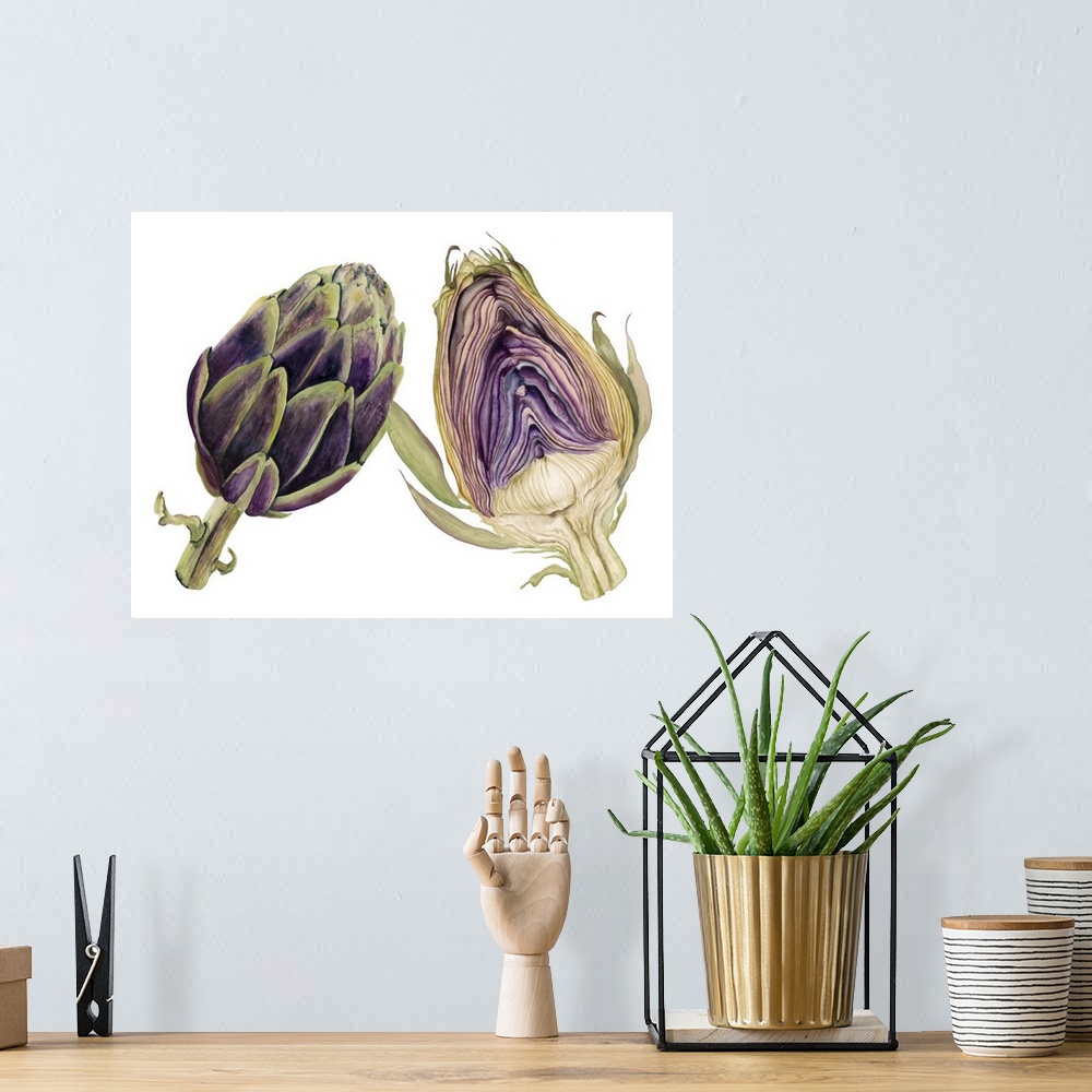 A bohemian room featuring Watercolor painting of a whole and halved artichoke against a white background.