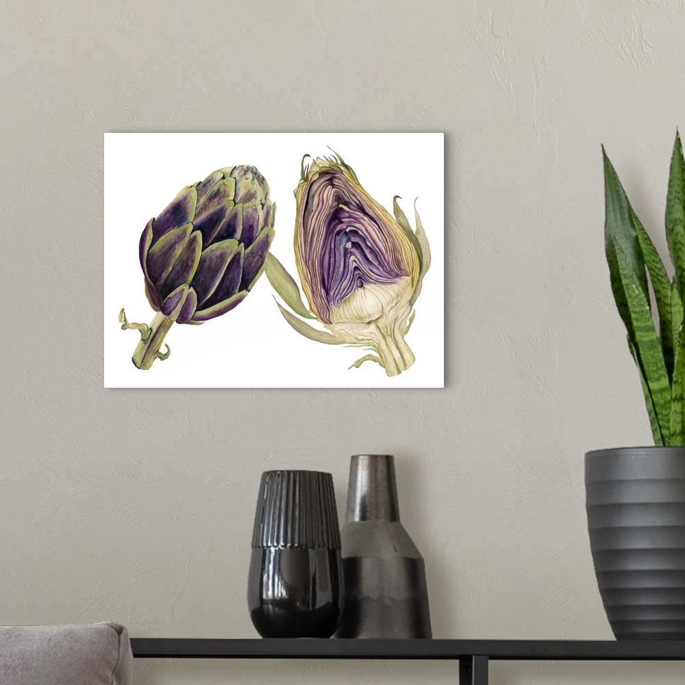 A modern room featuring Watercolor painting of a whole and halved artichoke against a white background.