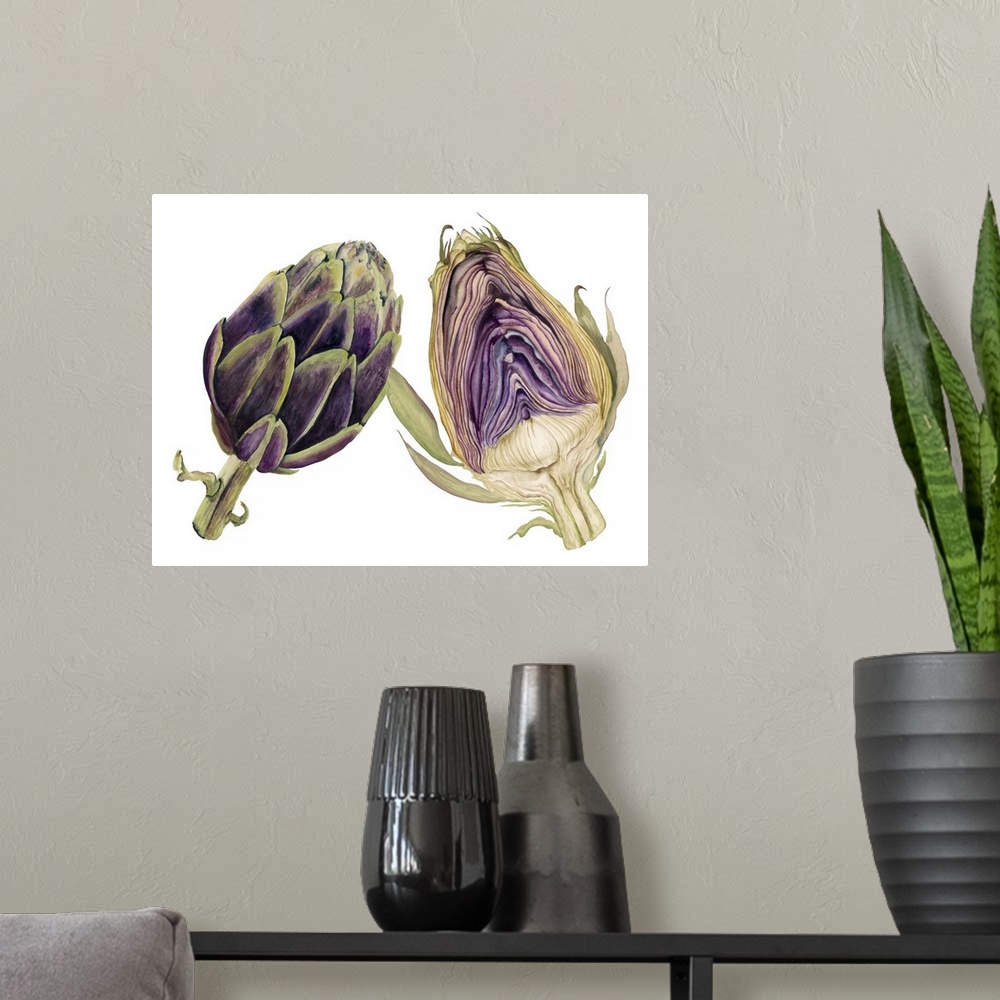 A modern room featuring Watercolor painting of a whole and halved artichoke against a white background.