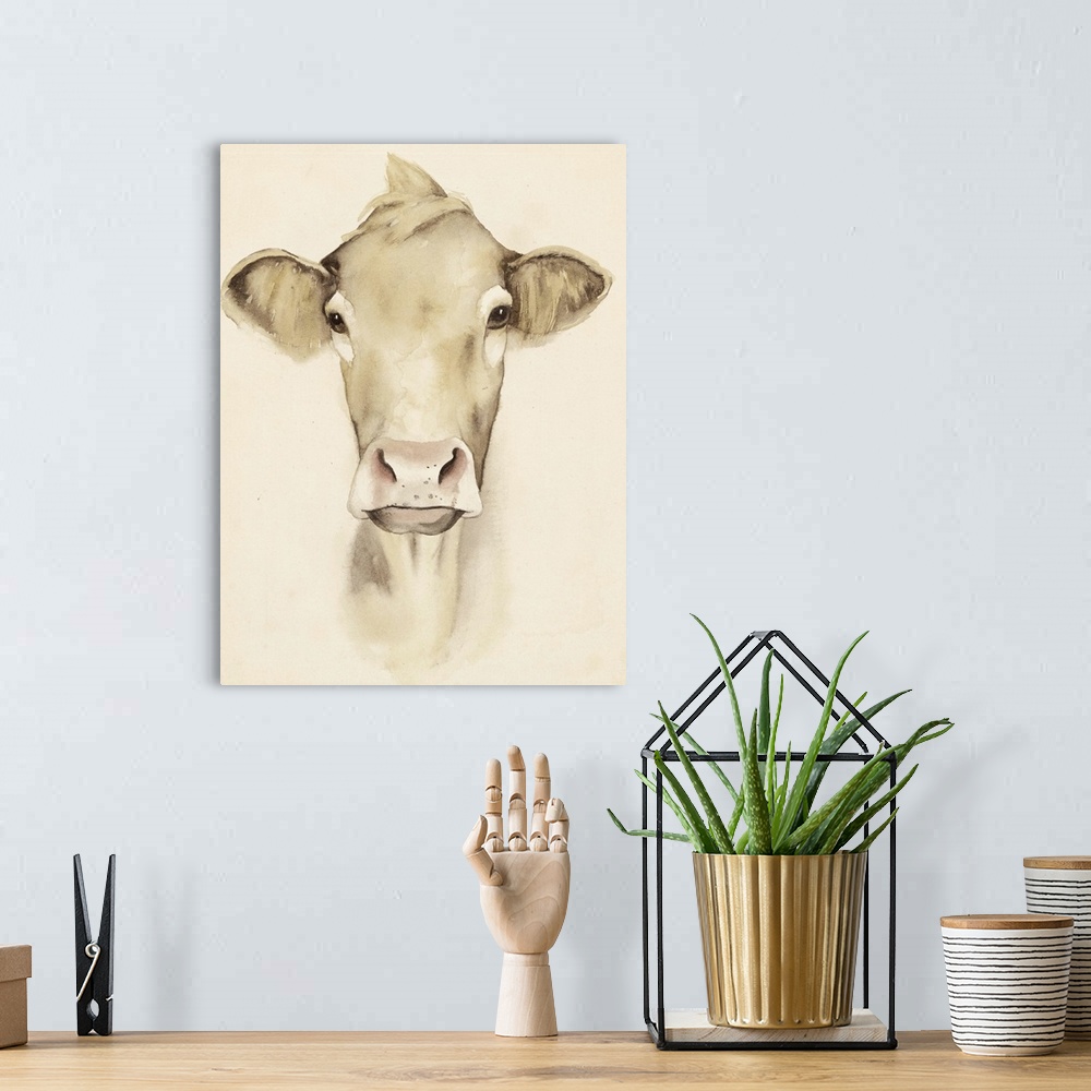 A bohemian room featuring Watercolor portrait of a cow in sepia tones.