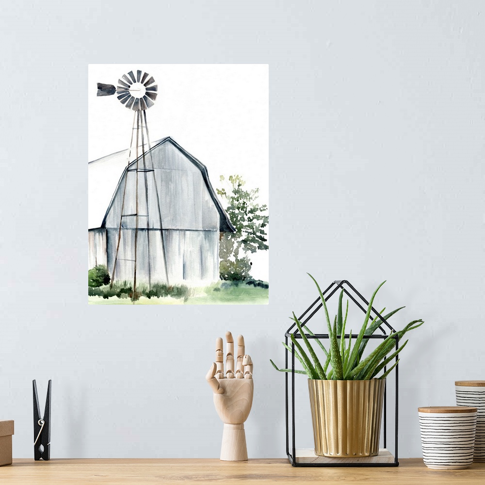 A bohemian room featuring This watercolor painting features a serene barn with a windmill.
