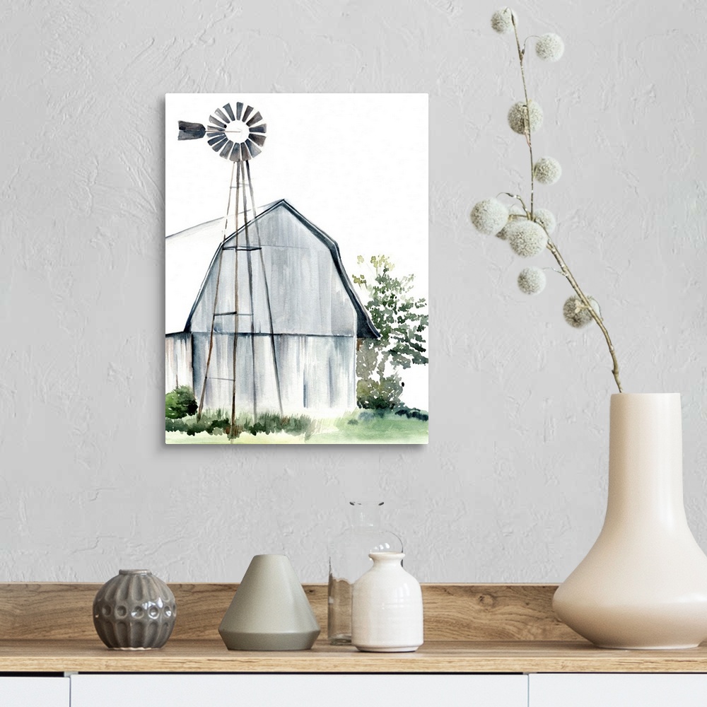 A farmhouse room featuring This watercolor painting features a serene barn with a windmill.