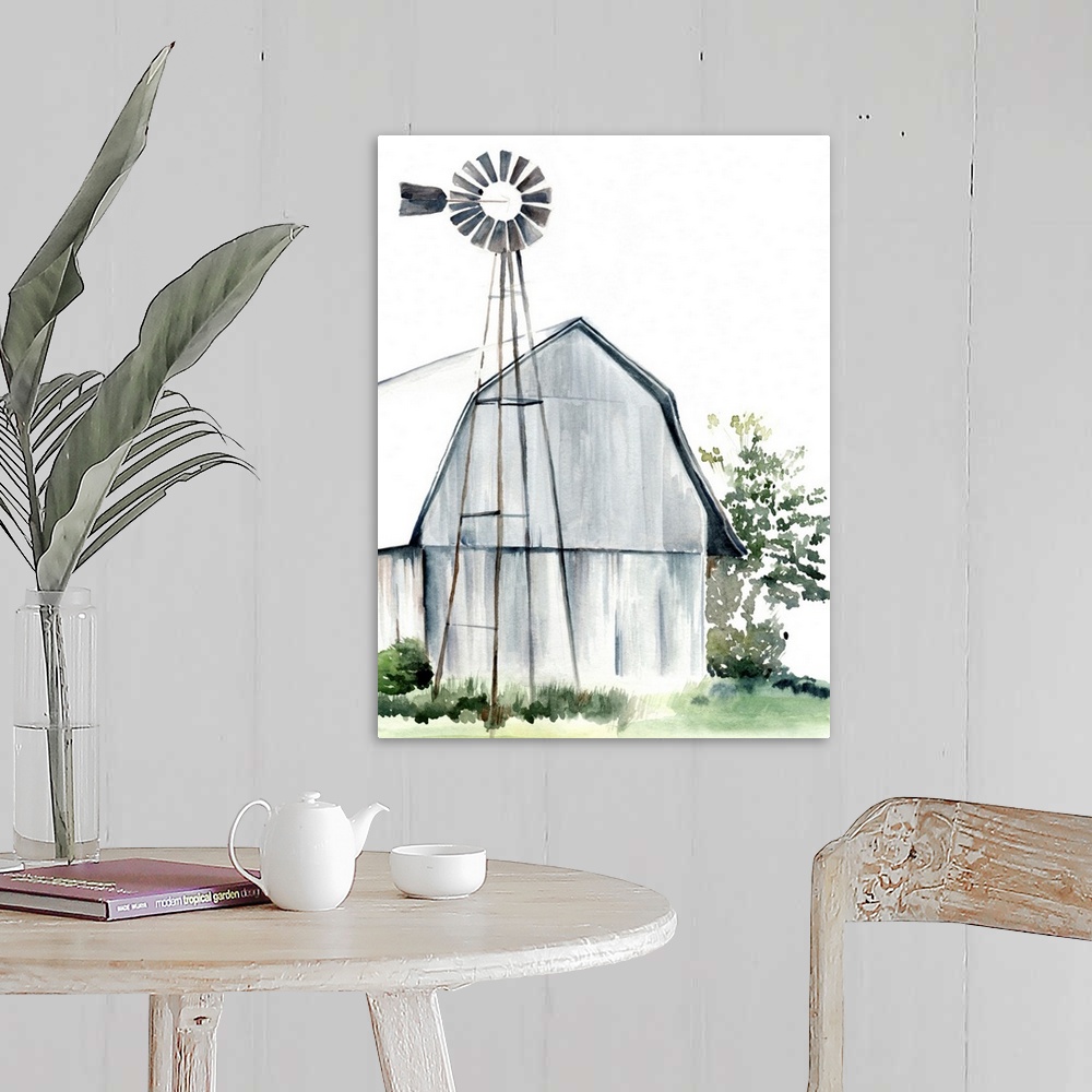 A farmhouse room featuring This watercolor painting features a serene barn with a windmill.