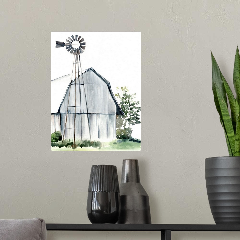 A modern room featuring This watercolor painting features a serene barn with a windmill.