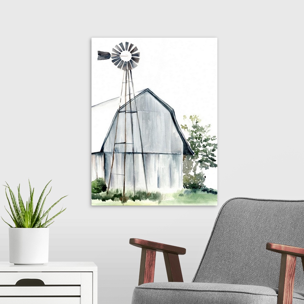 A modern room featuring This watercolor painting features a serene barn with a windmill.