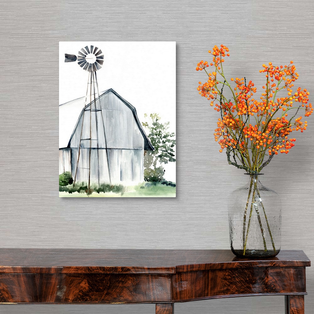 A traditional room featuring This watercolor painting features a serene barn with a windmill.