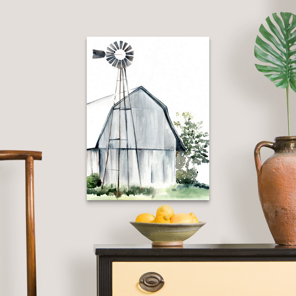 A traditional room featuring This watercolor painting features a serene barn with a windmill.