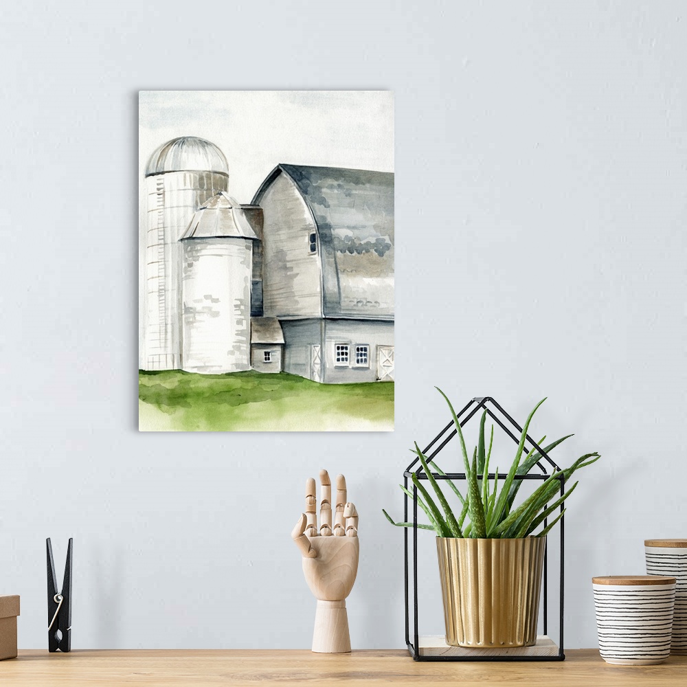A bohemian room featuring This watercolor painting features a serene barn with a silo.