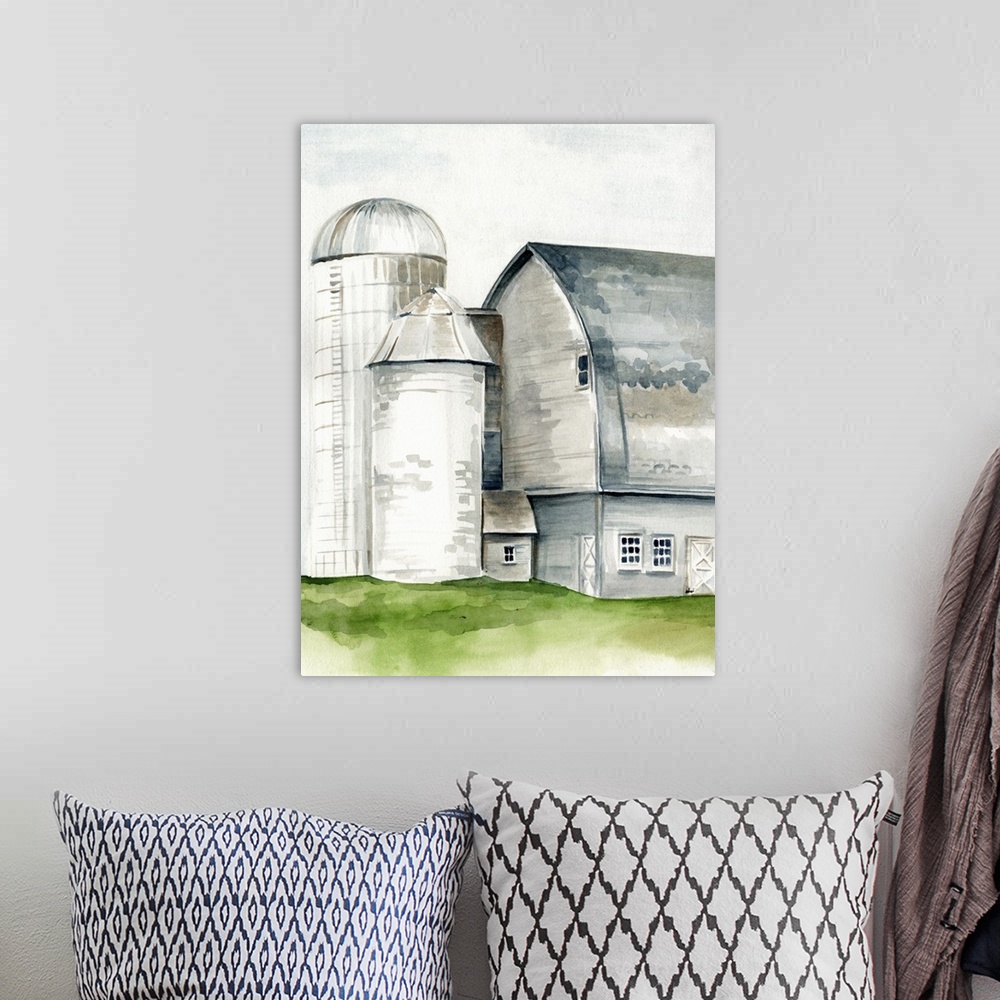 A bohemian room featuring This watercolor painting features a serene barn with a silo.