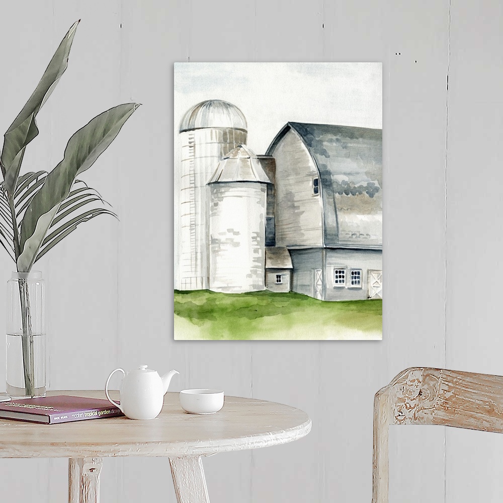 A farmhouse room featuring This watercolor painting features a serene barn with a silo.