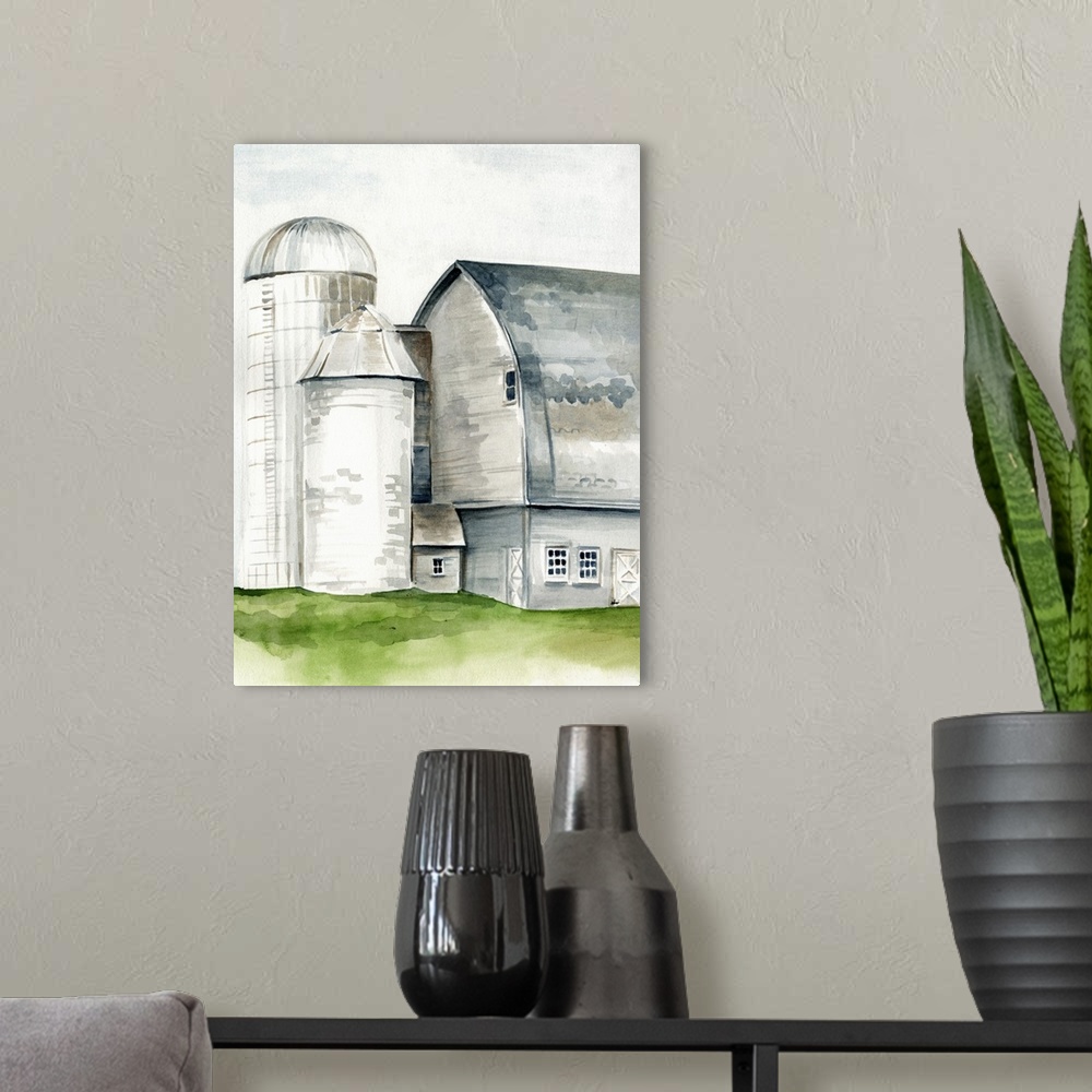 A modern room featuring This watercolor painting features a serene barn with a silo.