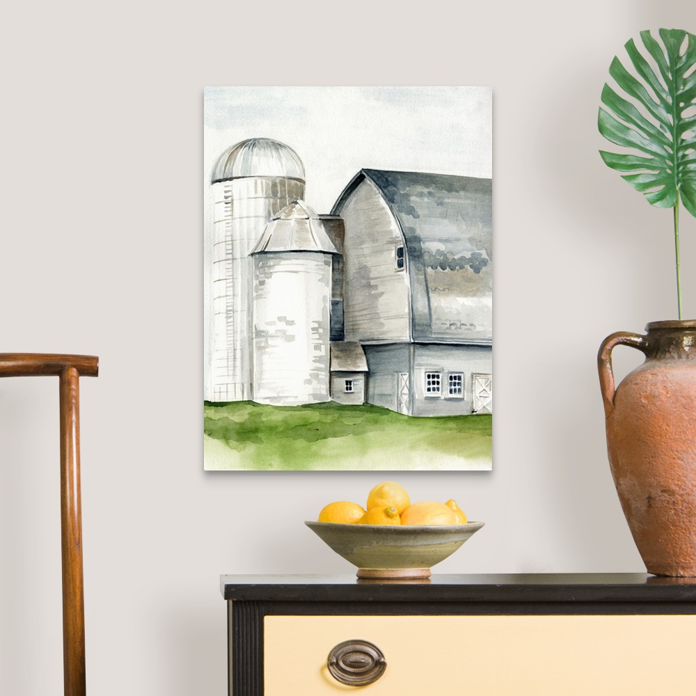 A traditional room featuring This watercolor painting features a serene barn with a silo.