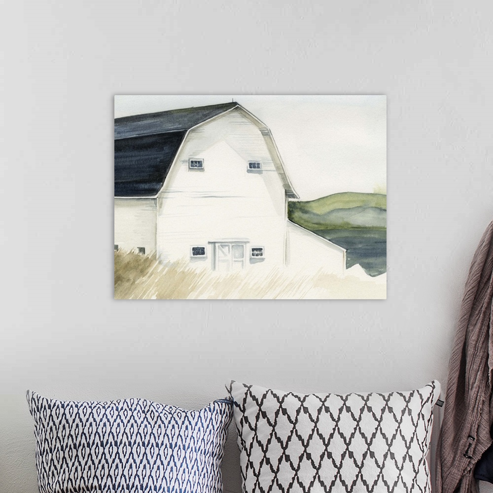 A bohemian room featuring Watercolor landscape featuring a white barn in a field with rolling hills in the background.