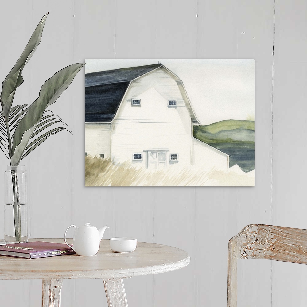 A farmhouse room featuring Watercolor landscape featuring a white barn in a field with rolling hills in the background.