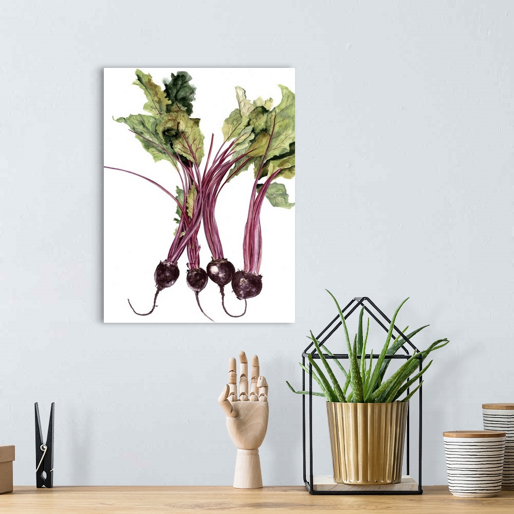 A bohemian room featuring Watercolor painting of beets against a white background.