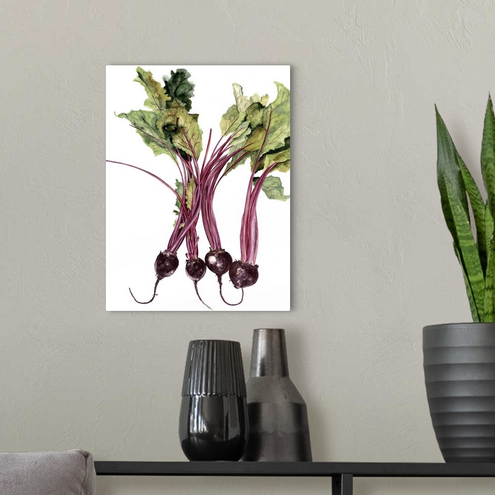A modern room featuring Watercolor painting of beets against a white background.
