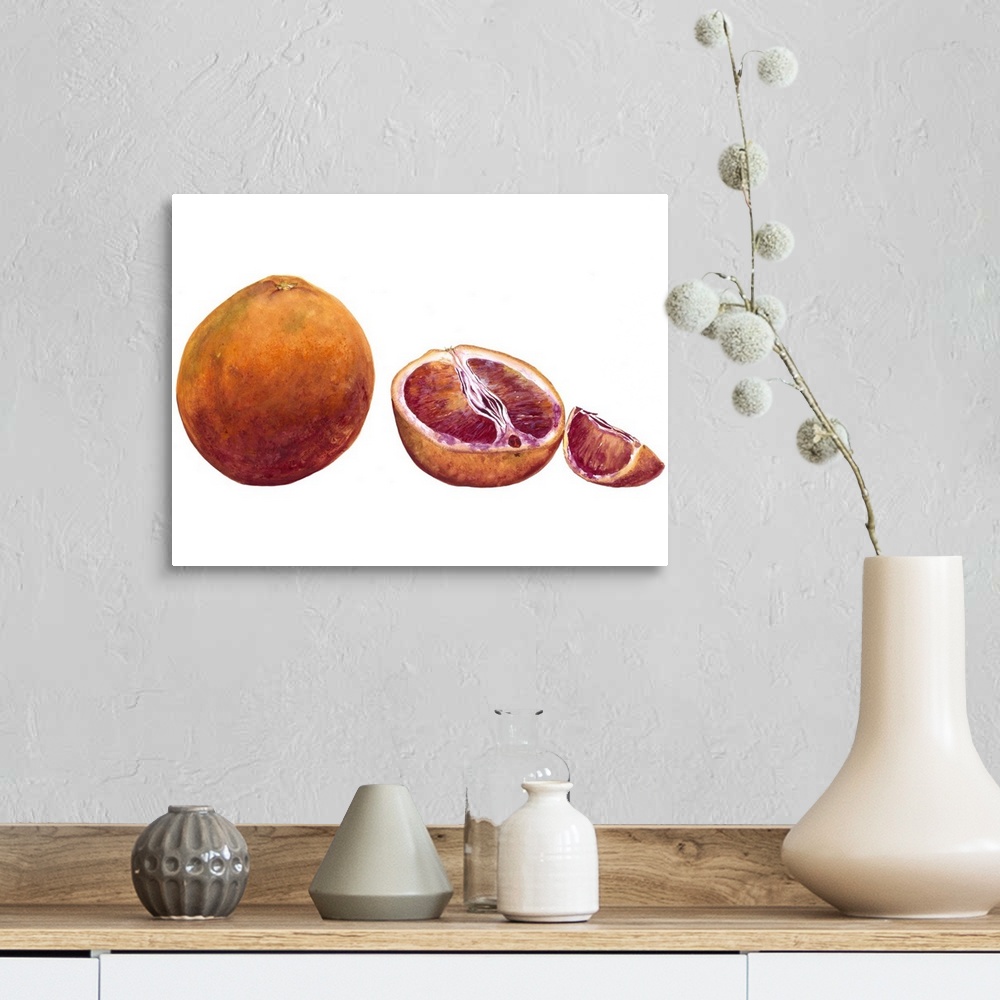 A farmhouse room featuring Watercolor painting of a whole and halved blood orange against a white background.
