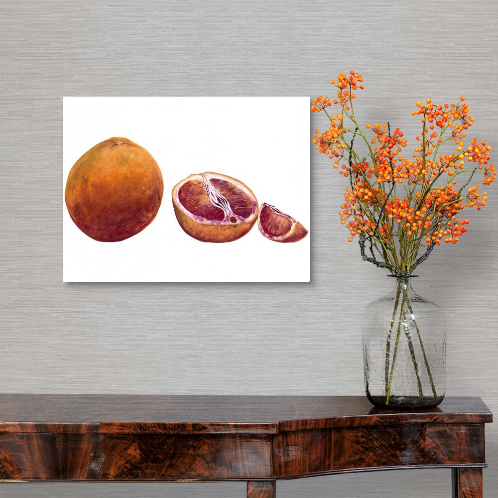 A traditional room featuring Watercolor painting of a whole and halved blood orange against a white background.