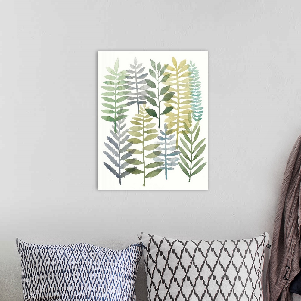 A bohemian room featuring Watercolor painting of stalks of long frond of leaves.