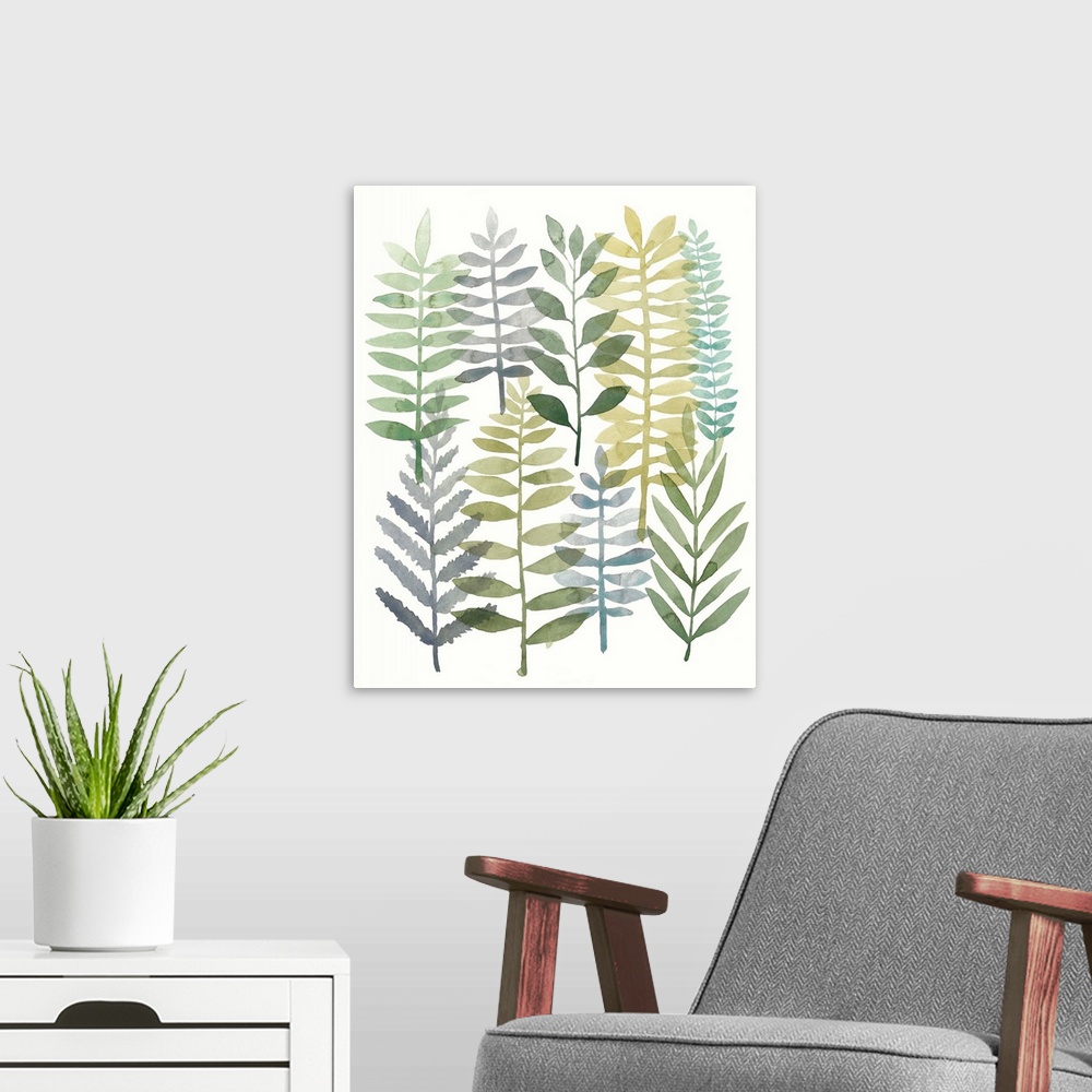 A modern room featuring Watercolor painting of stalks of long frond of leaves.